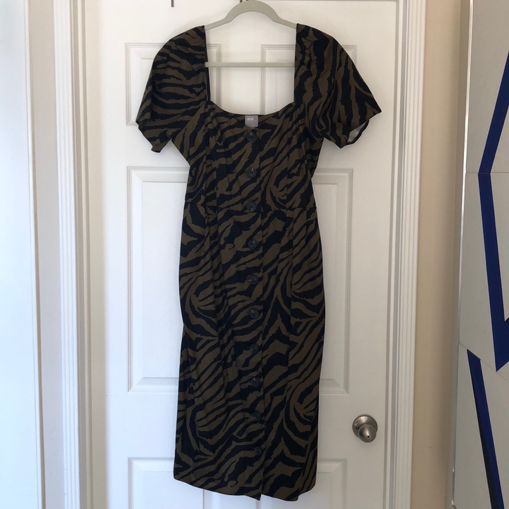 Tiger print button up sweetheart neck cotton dress
